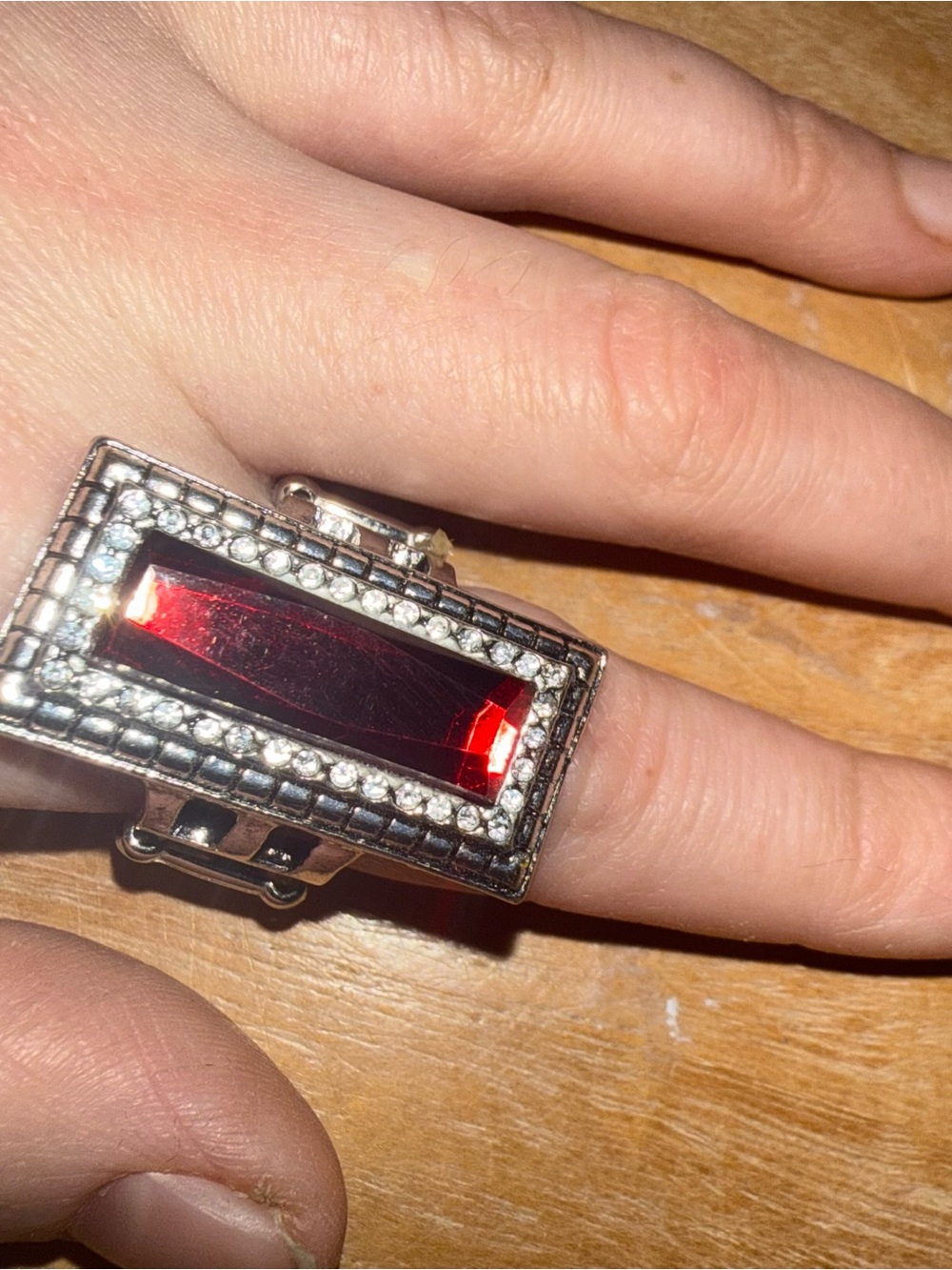 Rectangular Red Gem Silver-Tone Ring